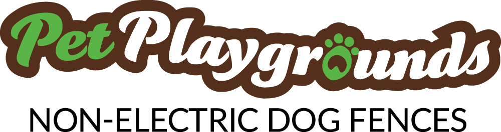 Logo of "Pet Playgrounds" featuring stylized text and the tagline "NON-ELECTRIC DOG FENCES," with a paw print above the letter 'i' in "Playgrounds."