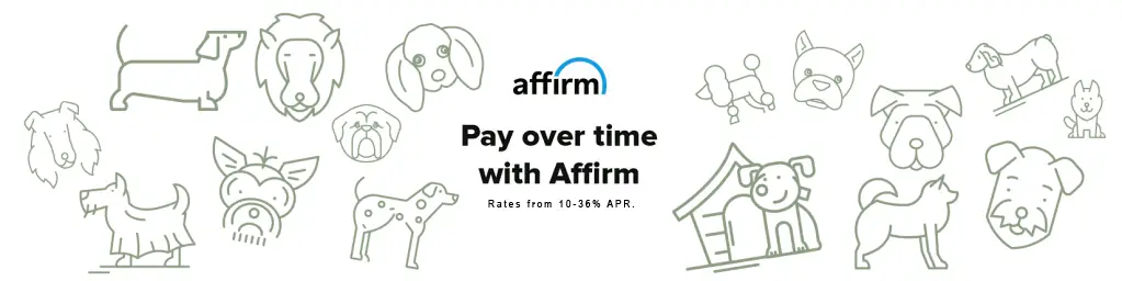 A banner featuring a variety of simple line drawings of dogs on both sides, with a central logo and text for "Affirm - Pay over time with Affirm" and a note about interest rates.