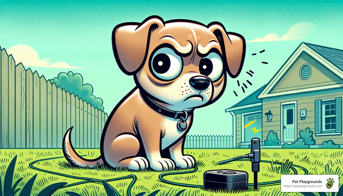 Illustration of a sad-looking cartoon puppy with large eyes sitting in a grassy yard, a broken leash nearby, and a house and wooden fence in the background. The image includes the text "Pet Playgrounds" and a website URL "https://petplaygrounds.com".