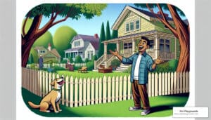 An illustration of a suburban scene with a smiling man standing in front of a house with a white picket fence. A happy dog sits on the lawn nearby, and behind the fence, an elderly person sits on a bench. The houses are traditional with front porches, and the image is framed by tree branches. The logo "Pet Playgrounds" and a website URL appear in the bottom right corner.