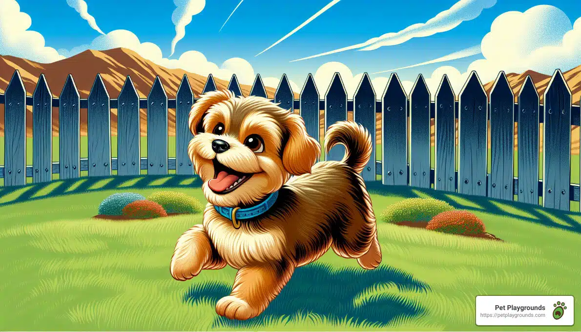 A stylized illustration of a cheerful, fluffy brown and tan dog with a blue collar frolicking in a green field with a wooden fence in the background and mountains further back under a blue sky with streaking white clouds and contrails. There's also branding for "Pet Playgrounds" in the bottom right corner.